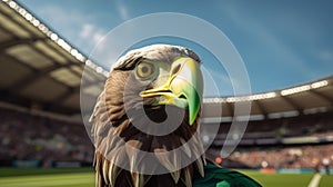 Hyper-realistic Representation Of An Eagle With Green Eyes In A Soccer Stadium