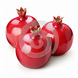 Hyper-realistic Representation Of Three Red Pomegranates On White Background