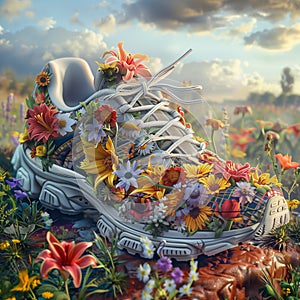 Hyper-Realistic Running Shoes with Blooming Flowers, Surreal Botanical Art, Morning Park Scene photo