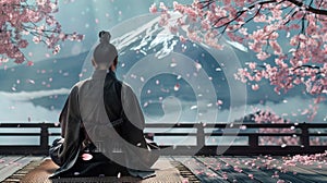 Hyper realistic samurai meditating under a cherry blossom tree, embodying tranquility and bushido photo
