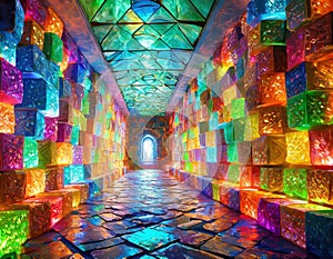 A hyper-realistic scene of a tunnel composed entirely of glowing, radiant Rubiks Cubes in vibrant colors photo