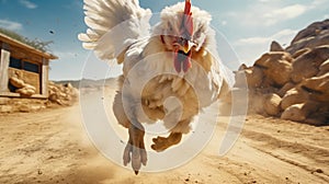 Hyper-realistic Sci-fi Art: White Rooster Running On A Dirt Road