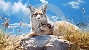 Hyper-realistic Sci-fi Coyote In Field Under Blue Sky