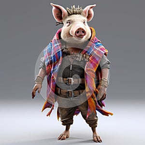 Hyper-realistic Sci-fi Pig With Plaid Scarf - Uhd Image