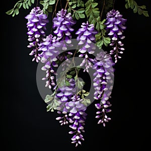 Hyper-realistic Sculptures Of Hanging Purple Flowers On Black Background