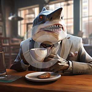 Hyper-realistic Shark In Suit And Tie Holding Coffee Mug Portrait