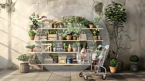 Hyper-Realistic Shop Shelves Filled with Potted Plants and Gardeners Wares