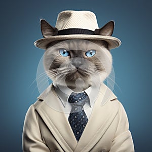 Hyper-realistic Siamese Cat Portrait In Blue Suit And Hat photo