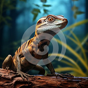 Hyper-realistic Skink On Branch: Dark Cyan And Light Amber Caninecore