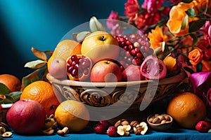 The hyper-realistic still life of a decorated basket full of fresh fruits , dried fruits, and colorful flowers