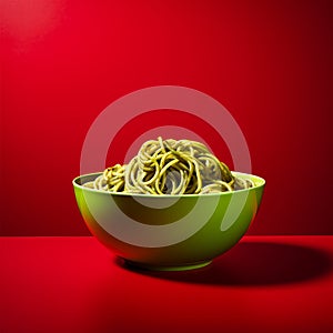Hyper-realistic Still Life: Green Noodles On Red Background