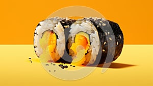 Hyper Realistic Sushi Art: Vibrant Yellow Background With Two Slices photo