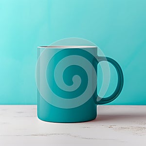 Hyper-realistic Teal Cup Mockup On Turquoise Wall