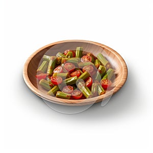 Hyper-realistic Tomato And Okra Dish On Wooden Plate