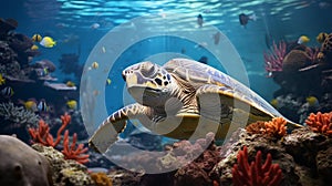 Hyper-realistic Turtle Swimming In Colorful Coral Reef