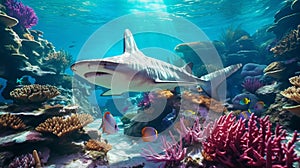 Hyper-realistic Underwater Scene With Swimming Shark And Colorful Corals