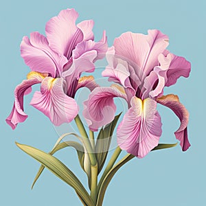 Hyper-realistic Vector Illustration Of Pink Iris With Green Leaves