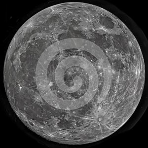 Hyper-realistic view of full moon, lunar surface details in high resolution, black space background.