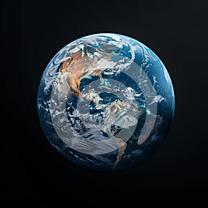 Hyper-realistic view of planet Earth (Tellus), surface details in high resolution, black space background. photo