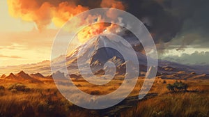 Hyper Realistic Volcano Landscape At Golden Hour