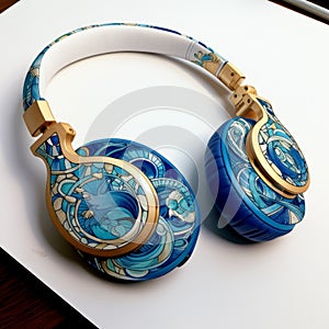 Hyper-realistic Water Painting Of Beats Headphones In Blue And Gold