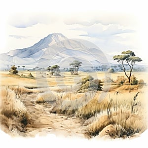 Hyper Realistic Watercolor Illustration Of African Savannah With Mountains