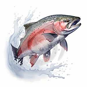 Hyper-realistic Watercolor Illustration Of A Jumping Red River Rainbow Trout