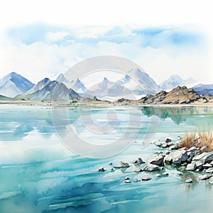 Hyper Realistic Watercolor Illustration Of Mountain Lake