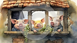 Hyper-realistic Watercolor Illustration Of Three Little Pigs In A Brick House