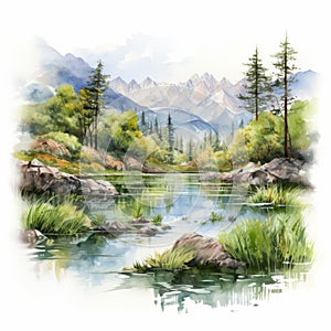 Hyper Realistic Watercolor Landscape: Mountains On White Background