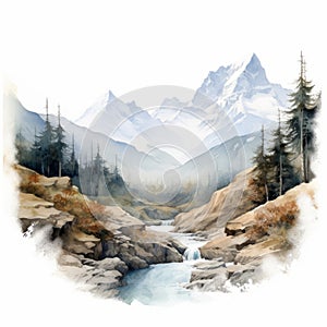 Hyper Realistic Watercolor Mountain Landscape With Detailed Renderings