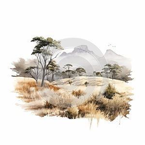 Hyper Realistic Watercolor Painting Of Australian Landscape With Mountains