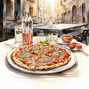 Hyper-realistic Watercolor Sketch Of Pizza In City Restaurant