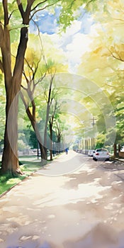 Hyper Realistic Watercolor Style Image Of Fourteenth Alley In A Sunny Park