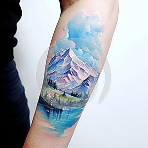 Hyper Realistic Watercolor Tattoo Of Mountains And Lake