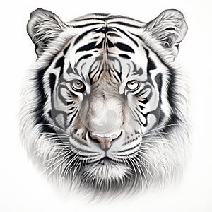 Hyper-realistic White Tiger Portrait Illustration On White Background