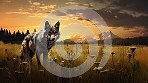 Hyper-realistic Wolf Walking Through Meadow At Sunset Desktop Wallpaper