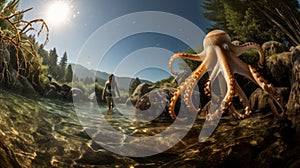 Hyper-realistic Woman Walking With Octopus In Terragen-inspired Landscape