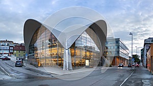 The hyperbolic paraboloid form of the Tromso bibliotek og byarkiv, public library in Tromso, Norway