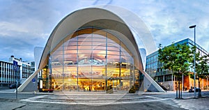 The hyperbolic paraboloid form of the Tromso bibliotek og byarkiv, public library in Tromso, Norway