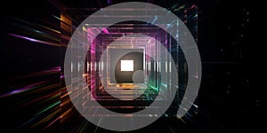 hypercube spaceship timewarp rainbow Tesseract with dark background generative AI