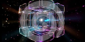 hypercube spaceship timewarp rainbow Tesseract on glitter background generative AI