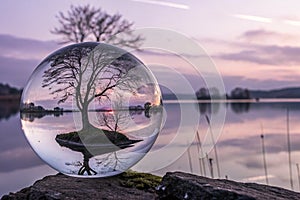 A hyperdetailed image of a glass sphere, inside of which is a tranquil lake, in whose center is a small island on which grows a