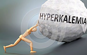 Hyperkalemia and painful human condition, pictured as a wooden human figure pushing heavy weight to show how hard it can be to