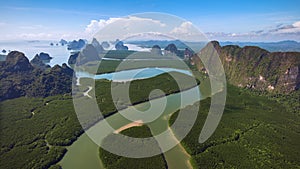 Hyperlapse aerial view drone flying over mangrove forest mountain peak of Phang nga bay, Thailand