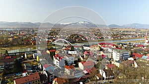 Hyperlapse Panorama Of The Bridge Over Sola In Zywiec. Polish Aerial View