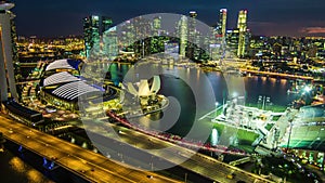 Hyperlapse of Singapore city skyline at night, Birdeyeview