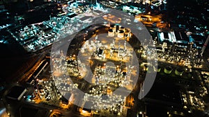 Hyperlapse time lapse of petroleum oil refinery in industrial estate at night, drone aerial view