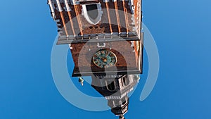 Hyperlapse, timelapse. View of town hall tower with clock in Kracow, Poland. 2019, Crakow.