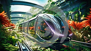 Hyperloop train, magnetic levitation train background, fastest train of the future, high speed rail travel. Public transport